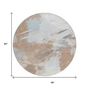 8' Rust Gray And Ivory Round Abstract Washable Indoor Outdoor Area Rug