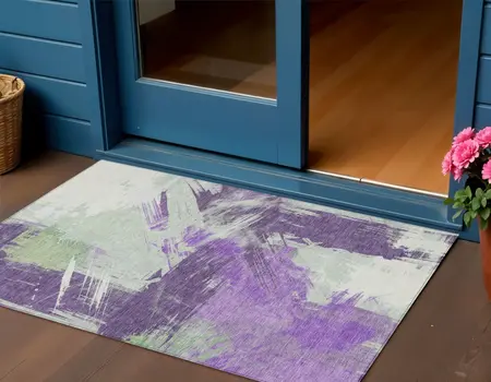 3' X 5' Purple Mint Green And Ivory Abstract Washable Indoor Outdoor Area Rug