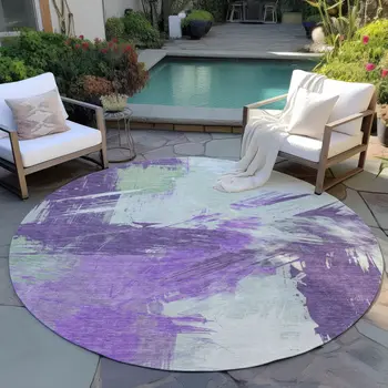 8' Purple Mint Green And Ivory Round Abstract Washable Indoor Outdoor Area Rug