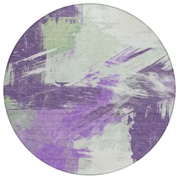 8' Purple Mint Green And Ivory Round Abstract Washable Indoor Outdoor Area Rug