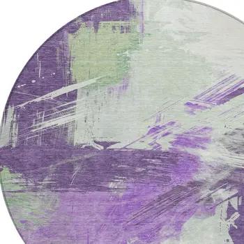 8' Purple Mint Green And Ivory Round Abstract Washable Indoor Outdoor Area Rug