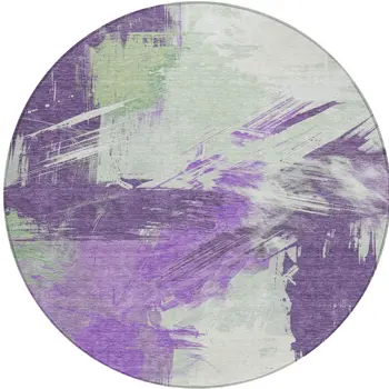 8' Purple Mint Green And Ivory Round Abstract Washable Indoor Outdoor Area Rug