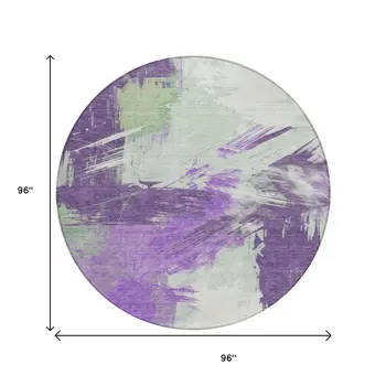 8' Purple Mint Green And Ivory Round Abstract Washable Indoor Outdoor Area Rug