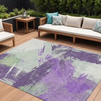 8' X 10' Purple Mint Green And Ivory Abstract Washable Indoor Outdoor Area Rug