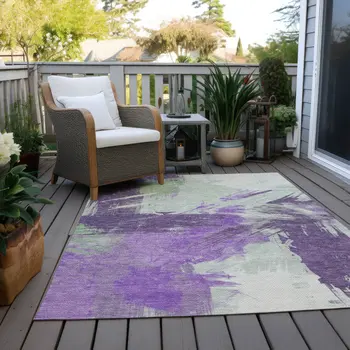 8' X 10' Purple Mint Green And Ivory Abstract Washable Indoor Outdoor Area Rug