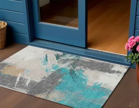 3' X 5' Teal Blue Charcoal And Beige Abstract Washable Indoor Outdoor Area Rug