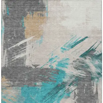 5' X 8' Teal Blue Charcoal And Beige Abstract Washable Indoor Outdoor Area Rug