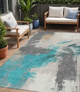 5' X 8' Teal Blue Charcoal And Beige Abstract Washable Indoor Outdoor Area Rug