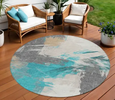 8' Teal Blue Charcoal And Beige Round Abstract Washable Indoor Outdoor Area Rug