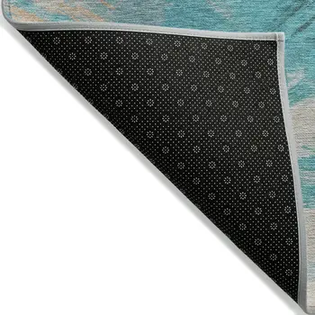 8' Teal Blue Charcoal And Beige Round Abstract Washable Indoor Outdoor Area Rug