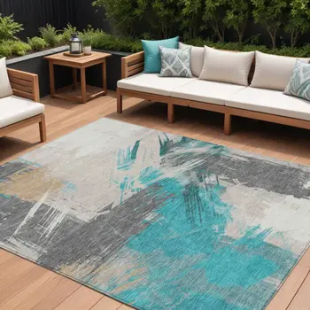 10' X 14' Teal Blue Charcoal And Beige Abstract Washable Indoor Outdoor Area Rug