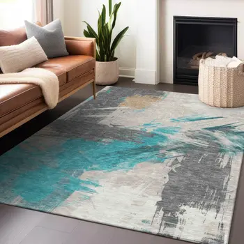10' X 14' Teal Blue Charcoal And Beige Abstract Washable Indoor Outdoor Area Rug