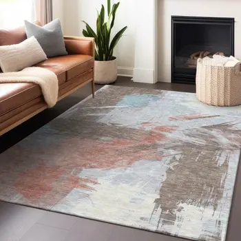 3' X 5' Taupe Copper And Ivory Abstract Washable Indoor Outdoor Area Rug