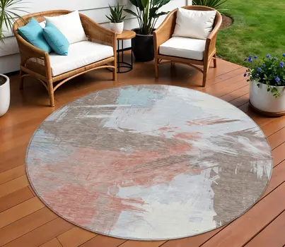 8' Taupe Copper And Ivory Round Abstract Washable Indoor Outdoor Area Rug