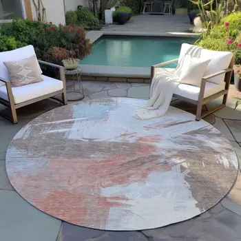 8' Taupe Copper And Ivory Round Abstract Washable Indoor Outdoor Area Rug