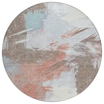 8' Taupe Copper And Ivory Round Abstract Washable Indoor Outdoor Area Rug