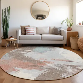 8' Taupe Copper And Ivory Round Abstract Washable Indoor Outdoor Area Rug