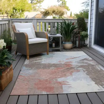 9' X 12' Taupe Copper And Ivory Abstract Washable Indoor Outdoor Area Rug