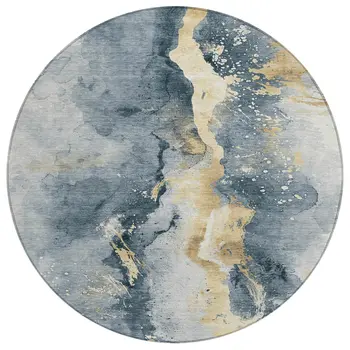 8' Graphite And Gold Round Abstract Washable Indoor Outdoor Area Rug