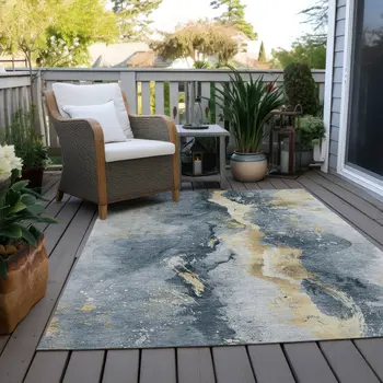 10' X 14' Graphite And Gold Abstract Washable Indoor Outdoor Area Rug