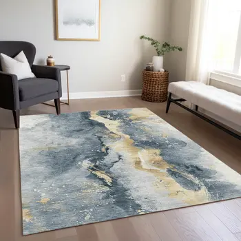 10' X 14' Graphite And Gold Abstract Washable Indoor Outdoor Area Rug