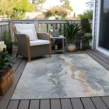 3' X 5' Gray Beige And Olive Green Abstract Washable Indoor Outdoor Area Rug