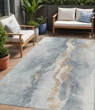 5' X 8' Gray Beige And Olive Green Abstract Washable Indoor Outdoor Area Rug