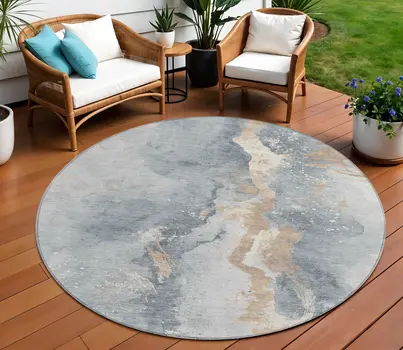 8' Gray Beige And Olive Green Round Abstract Washable Indoor Outdoor Area Rug
