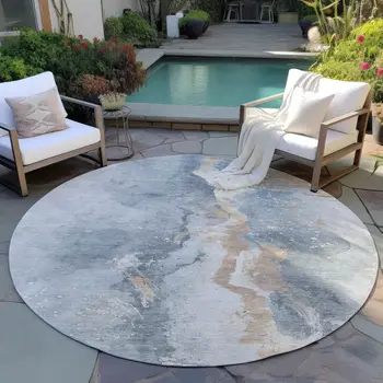 8' Gray Beige And Olive Green Round Abstract Washable Indoor Outdoor Area Rug