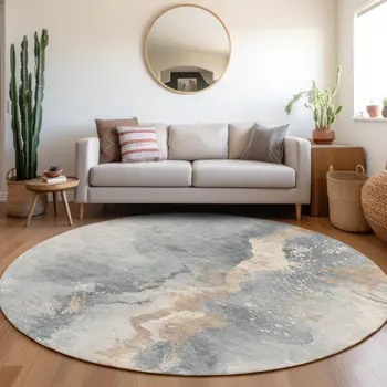 8' Gray Beige And Olive Green Round Abstract Washable Indoor Outdoor Area Rug