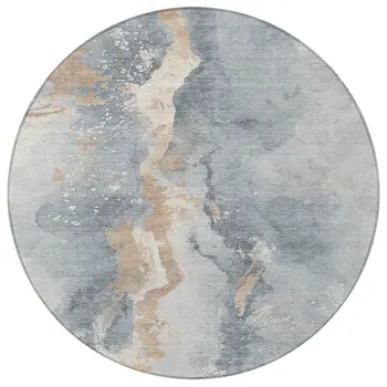 8' Gray Beige And Olive Green Round Abstract Washable Indoor Outdoor Area Rug