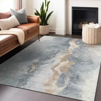 10' X 14' Gray Beige And Olive Green Abstract Washable Indoor Outdoor Area Rug