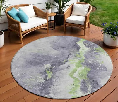 8' Lavender And Lime Green Round Abstract Washable Indoor Outdoor Area Rug