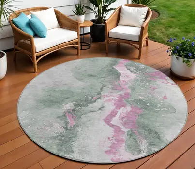 8' Sage And Mauve Round Abstract Washable Indoor Outdoor Area Rug
