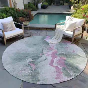 8' Sage And Mauve Round Abstract Washable Indoor Outdoor Area Rug