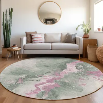 8' Sage And Mauve Round Abstract Washable Indoor Outdoor Area Rug