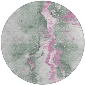 8' Sage And Mauve Round Abstract Washable Indoor Outdoor Area Rug