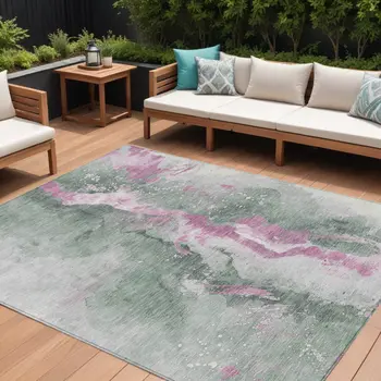 9' X 12' Sage And Mauve Abstract Washable Indoor Outdoor Area Rug