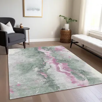 9' X 12' Sage And Mauve Abstract Washable Indoor Outdoor Area Rug