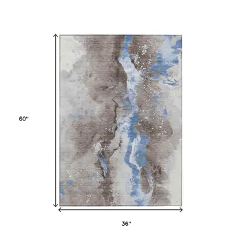 3' X 5' Taupe And Blue Abstract Washable Indoor Outdoor Area Rug