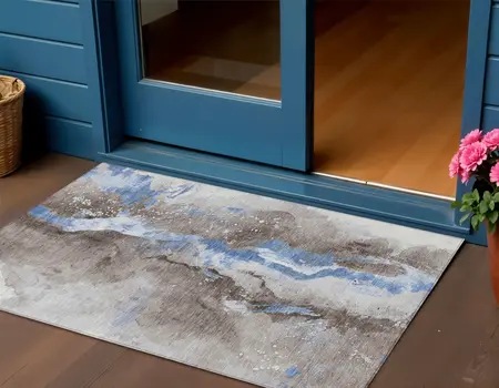 3' X 5' Taupe And Blue Abstract Washable Indoor Outdoor Area Rug
