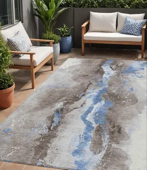 5' X 8' Taupe And Blue Abstract Washable Indoor Outdoor Area Rug