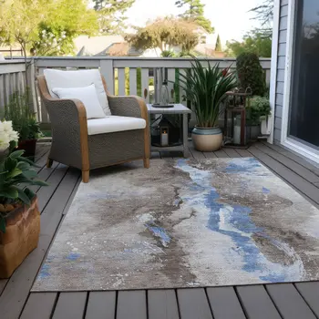5' X 8' Taupe And Blue Abstract Washable Indoor Outdoor Area Rug