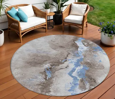 8' Taupe And Blue Round Abstract Washable Indoor Outdoor Area Rug