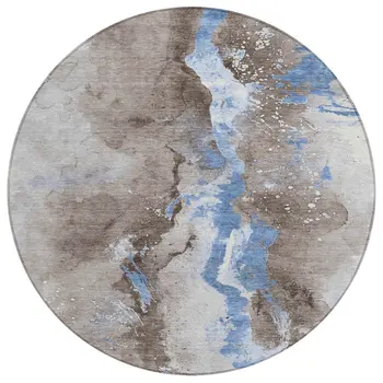 8' Taupe And Blue Round Abstract Washable Indoor Outdoor Area Rug