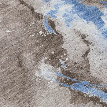 8' Taupe And Blue Round Abstract Washable Indoor Outdoor Area Rug