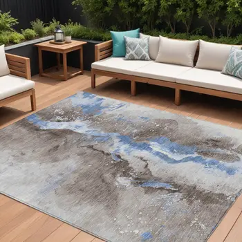 8' X 10' Taupe And Blue Abstract Washable Indoor Outdoor Area Rug