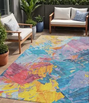 5' X 8' Blue Yellow Pink And Orange Abstract Washable Indoor Outdoor Area Rug