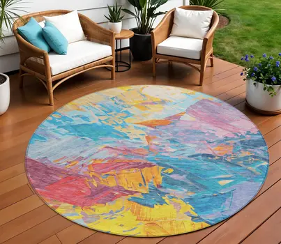 8' Blue Yellow Pink And Orange Round Abstract Washable Indoor Outdoor Area Rug