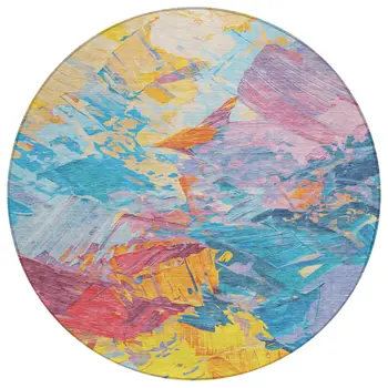 8' Blue Yellow Pink And Orange Round Abstract Washable Indoor Outdoor Area Rug